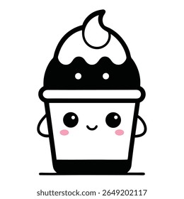  A charming black and white vector illustration of a happy, cute kawaii-style cupcake or ice cream cup with a friendly smile and rosy cheeks. Ideal for kids' designs, sweet treats, and playful themes.