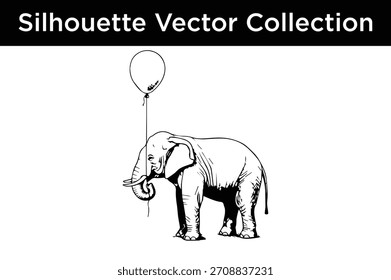 Eine charmante schwarz-weiße Vektorgrafik eines Elefanten, der einen Ballon mit seinem Stamm hält, perfekt für verschiedene Designs.