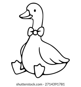 Una encantadora Ilustración vectorial en blanco y negro de un lindo pato con una pajarita, sentado con los pies extendidos.