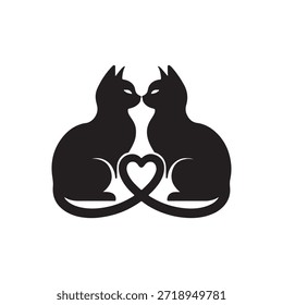 A charming black and white vector illustration depicts two elegant black cat silhouettes facing each other, nose to nose, suggesting a tender moment or a kiss. Their graceful tails intertwine beneath them, cleverly forming a perfect heart shape, symbolizing love, affection, and strong bond. The minimalist design against a pure white background emphasizes the striking contours of the cats and the romantic heart motif, making it an ideal graphic for themes of romance, pets, and companionship.