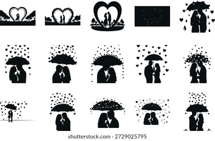 Charming black and white vector illustration of a couple kissing under an umbrella in the rain, evoking love and romance with elegant silhouettes and heart details.