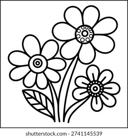 Charming black and white vector illustration of three hand-drawn daisies with leaves, perfect as a printable coloring page for children and adults, offering a relaxing creative activity with scalable line art design.