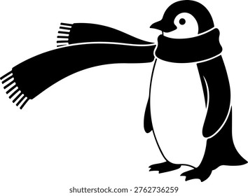A charming black and white vector illustration features a cute penguin character, standing upright while wearing a long, flowing scarf. This minimalist graphic is perfect for winter-themed projects, holiday designs, or any cold-weather seasonal content requiring a delightful animal.