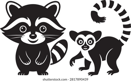 A charming black and white vector illustration features a cute standing raccoon next to a ringtailed lemur with a long striped tail both smiling and isolated on transparent background