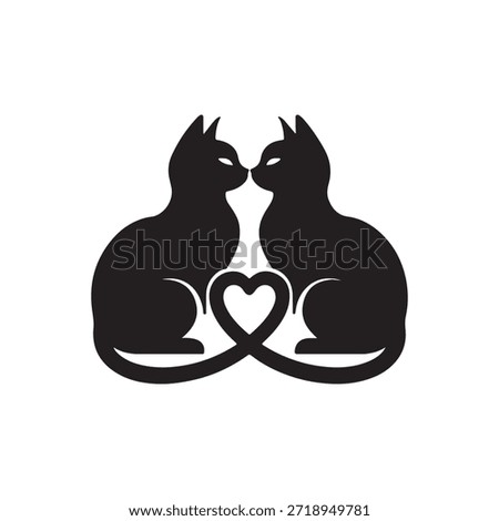A charming black and white vector illustration depicts two elegant black cat silhouettes facing each other, nose to nose, suggesting a tender moment or a kiss. Their graceful tails intertwine beneath them, cleverly forming a perfect heart shape, symbolizing love, affection, and strong bond. The minimalist design against a pure white background emphasizes the striking contours of the cats and the romantic heart motif, making it an ideal graphic for themes of romance, pets, and companionship.