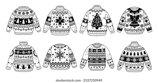 Charming Black And White Vector Outline Christmas Sweaters With An Array Of Festive Designs That Evoke Seasonal Cheer