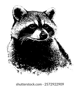 Charming black and white vector portrait of a raccoon, drawn with detailed textures and fine shading to capture its playful and curious nature