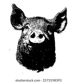 charming black and white vector portrait of a piglet, highlighting its curious expression and rustic charm with detailed textures and soft shading.