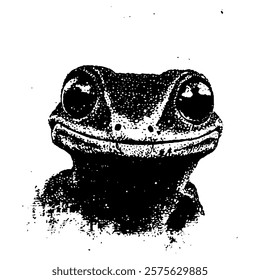 charming black and white vector portrait of a frog, capturing its wide eyes and playful expression with intricate textures and shading.
