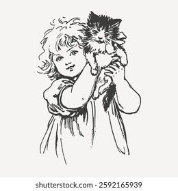 A charming black and white vintage illustration of a young girl happily holding a fluffy kitten. A classic hand-drawn artwork depicting childhood innocence and love for pets.