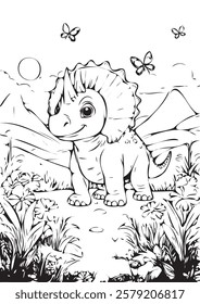 Charming black-and-white coloring page featuring a cheerful cartoon Triceratops dinosaur surrounded by flowers, butterflies, and mountains in a sunny prehistoric landscape.