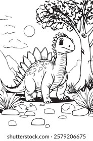 Charming black-and-white coloring page of a smiling cartoon Stegosaurus dinosaur in a sunny prehistoric forest scene with trees, rocks, and mountains in the background.