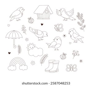 A charming black-and-white doodle set featuring birds, butterflies, flowers, a birdhouse, clouds, a rainbow, and cute spring elements. Perfect for coloring pages, children’s designs, prints, stationer