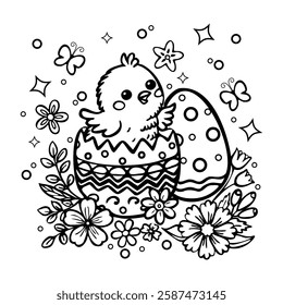 A charming black-and-white Easter vector illustration featuring a cute chick hatching from a decorated egg.