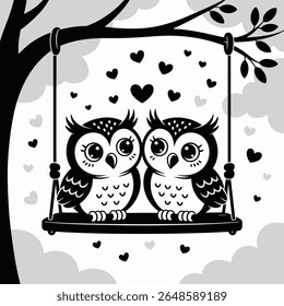 Uma encantadora ilustração em preto e branco de duas corujas bonitas sentadas em um balanço, cercadas por corações e árvores. Este design capta a essência do amor e da amizade, tornando-o perfeito.