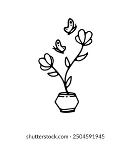 A charming black-and-white outline of a vase with two flowers and butterflies fluttering around.