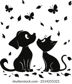 A charming black-and-white silhouette of a curious cat and dog sitting together, gazing up at fluttering butterflies and falling leaves. 