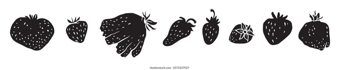 Charming black-and-white silhouette strawberry illustration set. Perfect for branding, packaging, recipe cards, art prints, and seasonal decorations.