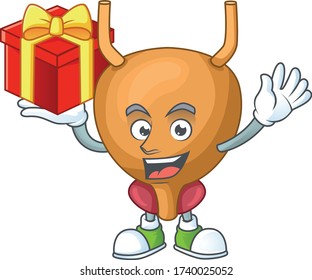 Charming bladder mascot design has a red box of gift