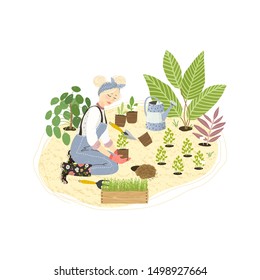 Charming blond woman working with seedling in garden. Cultivating home garden. Flat cartoon vector illustration with people, plants, watering can and gardening tools.