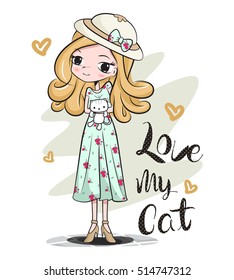 Chica rubia encantadora con sombrero de verano y vestido verde claro de verano con un patrón de rosa. Ella lleva a su gato con amor. Aislado en el vector de ilustración de fondo blanco.