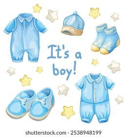 Charming blue baby boy clothes set in watercolor style, perfect for adorable nursery designs and baby fashion illustrations.