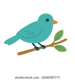 Charming blue cartoon bird on branch with green leaves. Simple flat springtime illustration.
