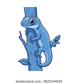 A charming blue cartoon gecko with large, expressive eyes clings to a tree trunk, featuring small leaves. The illustration is vibrant and playful.