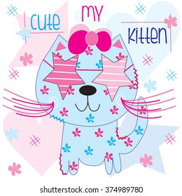 charming blue cat with stars and hearts vector illustration 