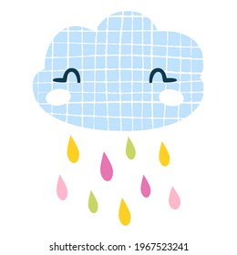 Eine bezaubernde blaue Wolke in einem weißen karierten Muster. Rosa, gelbe und grüne Seile. Kleine Illustration für Babybekleidung, Plakate, Wanddekor.