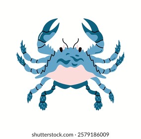 Charming blue crab shows claws and legs flat color vector character. Delightful addition to books of children illustration on white background