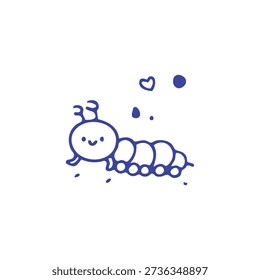 A charming blue doodle of a smiling caterpillar with antennae and segmented body, surrounded by tiny hearts, on a clean white background.