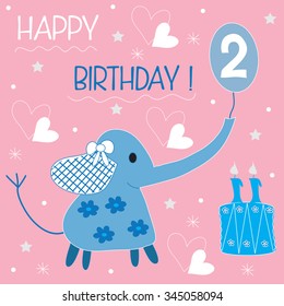 charming blue elephant with birthday greeting and hearts and dots and cake vector illustration