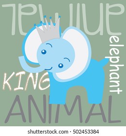 charming blue elephant in a crown with animal and king descriptions vector illustration
