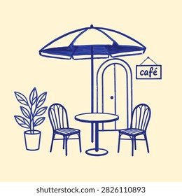 Charming blue felt tip pen line drawing of an empty cozy bistro sidewalk cafe patio with table chairs and umbrella.Charming blue felt tip pen line drawing of an empty cozy bistro sidewalk cafe patio with table chairs and umbrella.