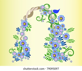 charming blue flowers and cute blue bird on a garden arch, eps10 vector illustration