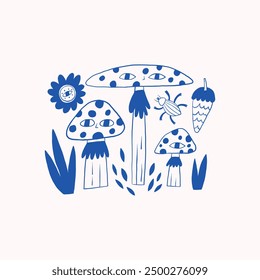 A charming, blue hand-drawn illustration featuring whimsical mushrooms, a flower, insect, and acorns. Perfect for nature-themed designs and children's art