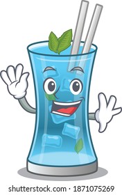 A charming blue hawai cocktail mascot design style smiling and waving hand