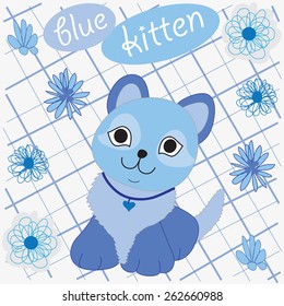charming blue kitten with flowers vector illustration