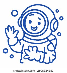 A charming blue line art of a smiling astronaut waving while floating, surrounded by bubbles.