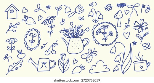 Charming blue outline doodle elements related to gardening and springtime including assorted flowers a watering can a birdhouse hearts and small fruits set against a cream background.