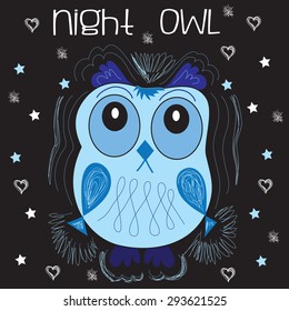 charming blue owl with hearts and flowers in the night vector illustration