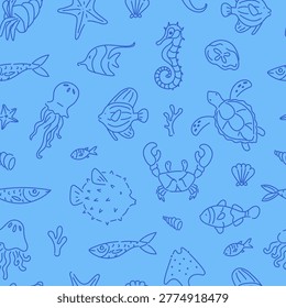 A charming blue seamless pattern featuring hand-drawn sea life, including fish, jellyfish, and turtles, set against an oceanic theme.