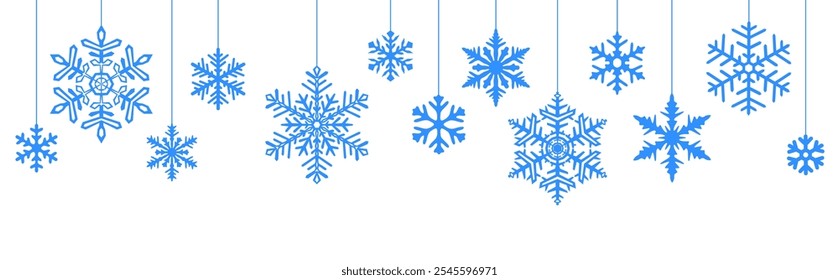 Charming blue snowflake ornaments suspended from above on a clean white background, creating a festive and wintery decorative element for seasonal designs.