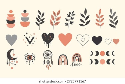 Un encantador conjunto bohemio con diversas Formas del corazón, ramas frondosas, encantos lunares y arco iris