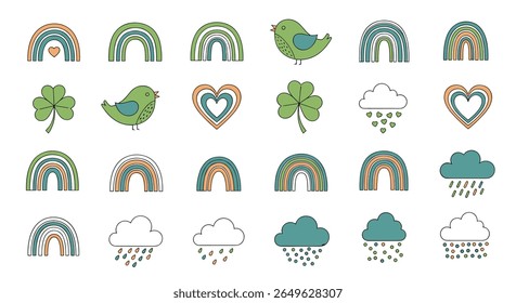 Charming boho rainbows clover birds and clouds digital illustration collection for festive celebrations