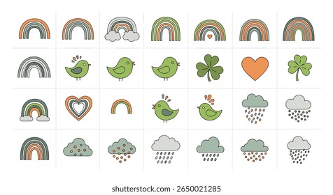 Charming boho rainbows cute birds lucky clovers hearts and clouds digital illustration elements for festive designs