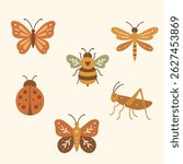 A charming boho-style set of six insects, including butterflies, a bee, ladybug, dragonfly, and grasshopper. Perfect for nature-themed designs, kids decor, and eco illustrations.