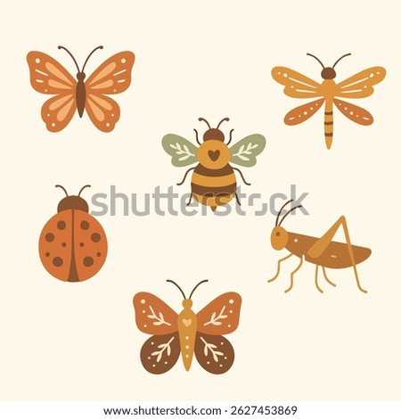 A charming boho-style set of six insects, including butterflies, a bee, ladybug, dragonfly, and grasshopper. Perfect for nature-themed designs, kids decor, and eco illustrations.