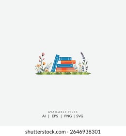 Livros encantadores e logotipo de flores silvestres para bibliotecas, livro branco e jardim Logo Design